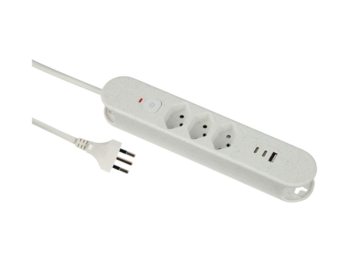 Steckdosenleiste Re:Life 10A Mit Ein-/Ausschalter 3×T13 3×USB 1.8m weiss