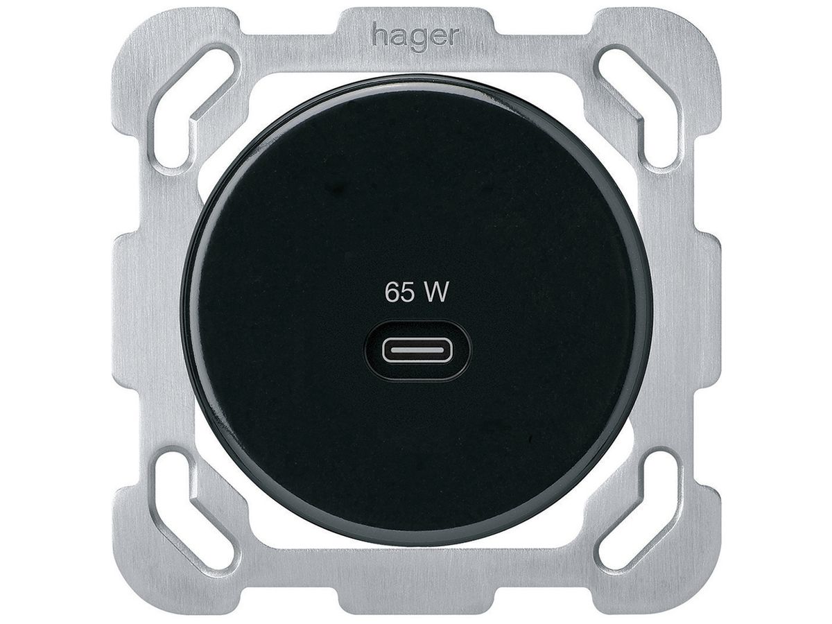 UP-USB-Ladesteckdose Hager basico Typ C 65W 3250mA m.Besfestigungsplatte schwarz