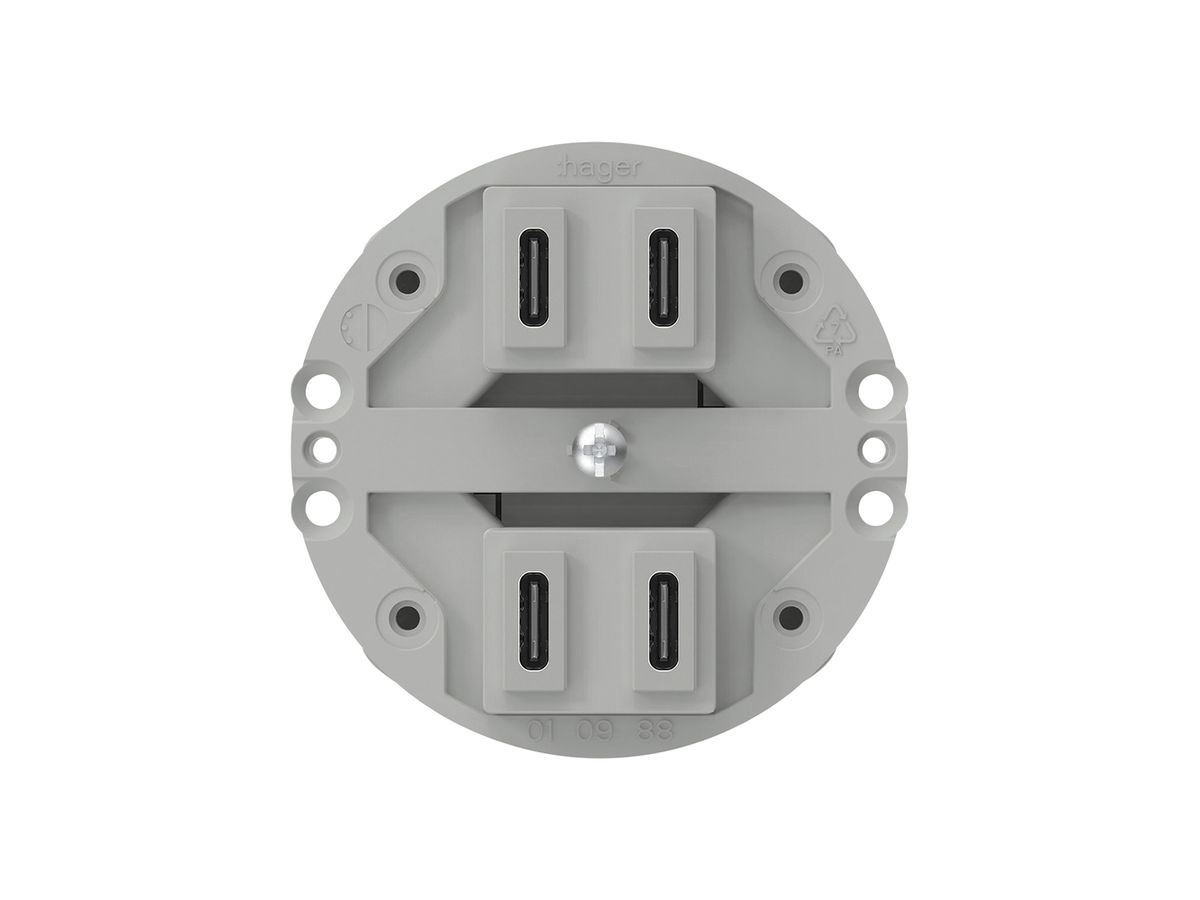 USB-Ladesteckdose Hager 2×C-C 2×20W oder 4×10W 5V aluminium