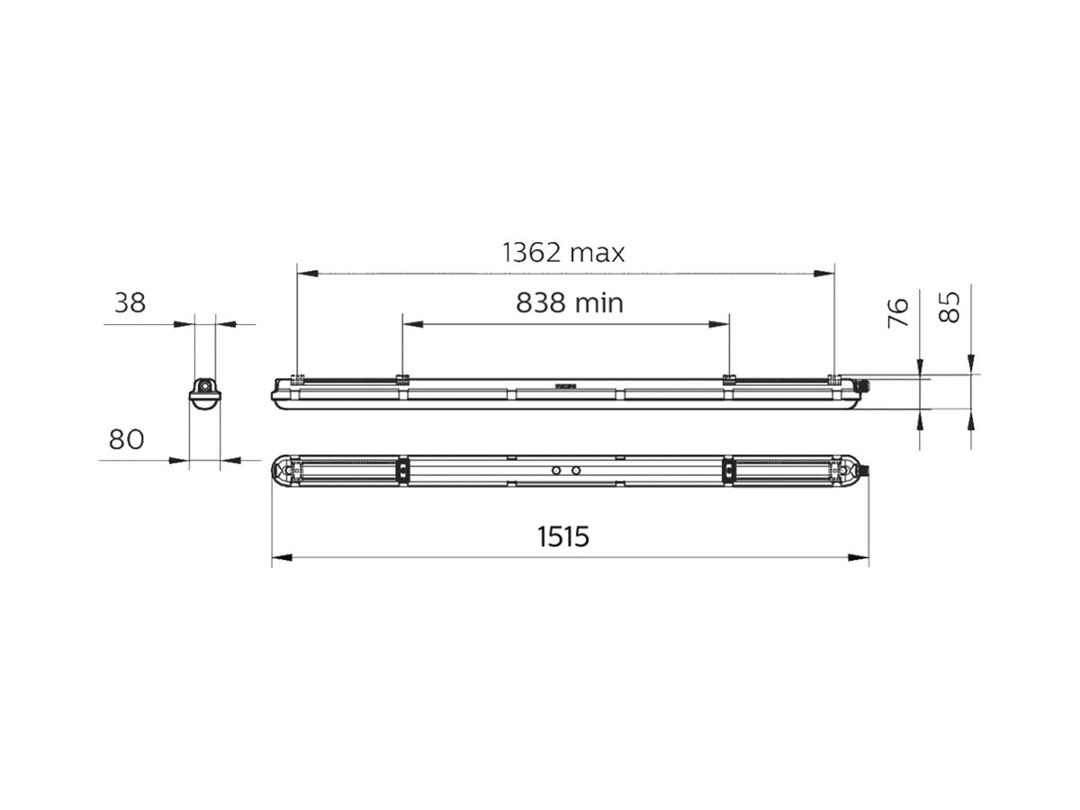 LED-Feuchtraumleuchte CoreLine WT120C 43W 3700/6000lm 840 IP65 1515×80 grau