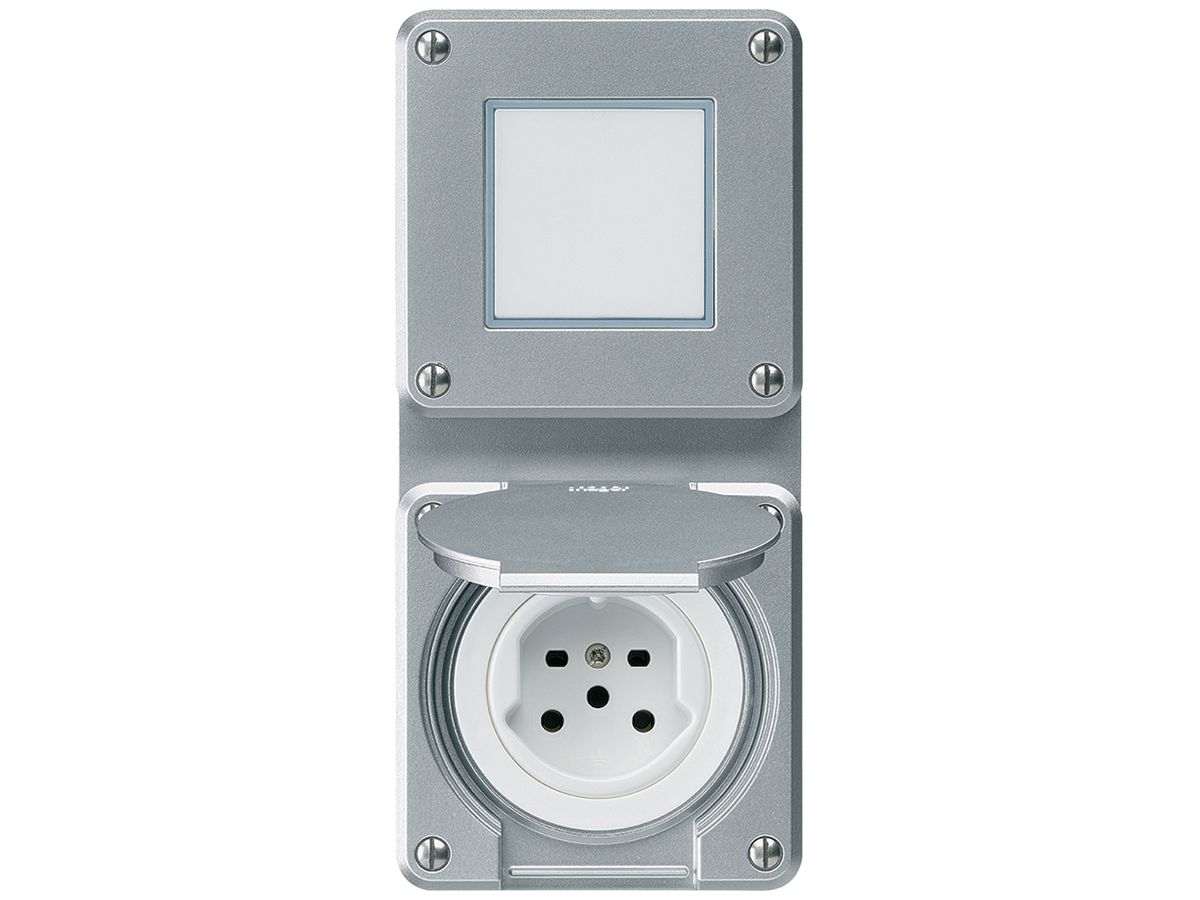 UP-Kombi 2×1 HA robusto Sch3/Typ 15 mit Steckklemmen mit Klappdeckel aluminium