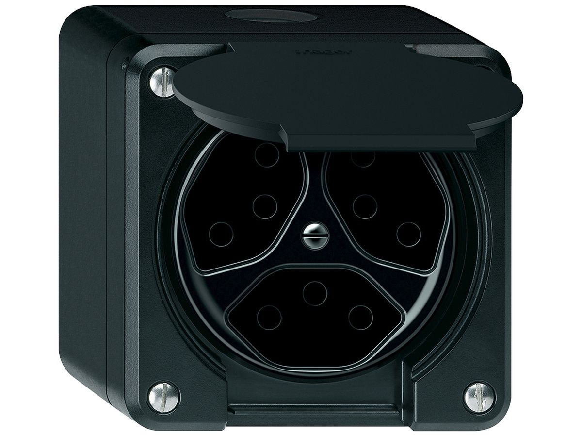 AP-Steckdose robusto 3×T13 10A 250V 86×86mm IP21 schwarz