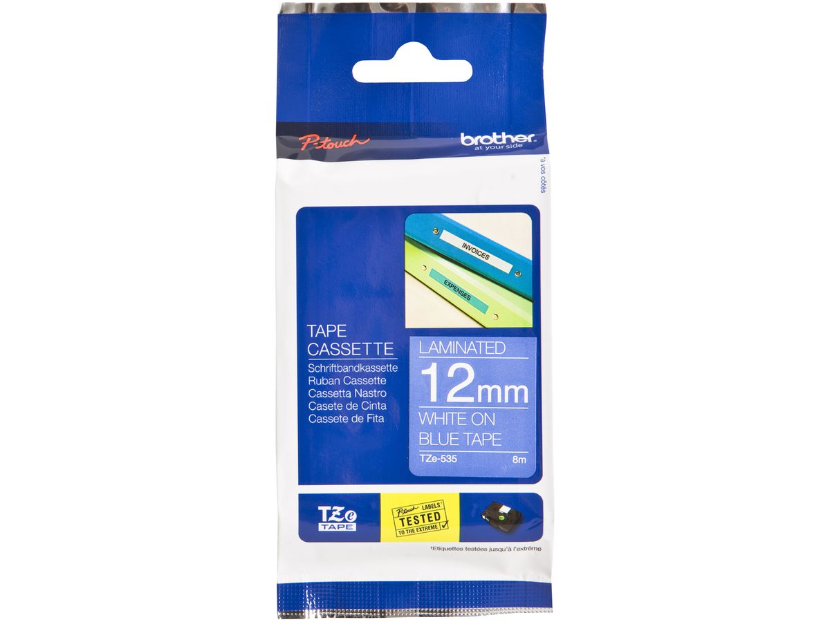 Schriftbandkassette Brother TZe 12mm×8m, blau/weiss