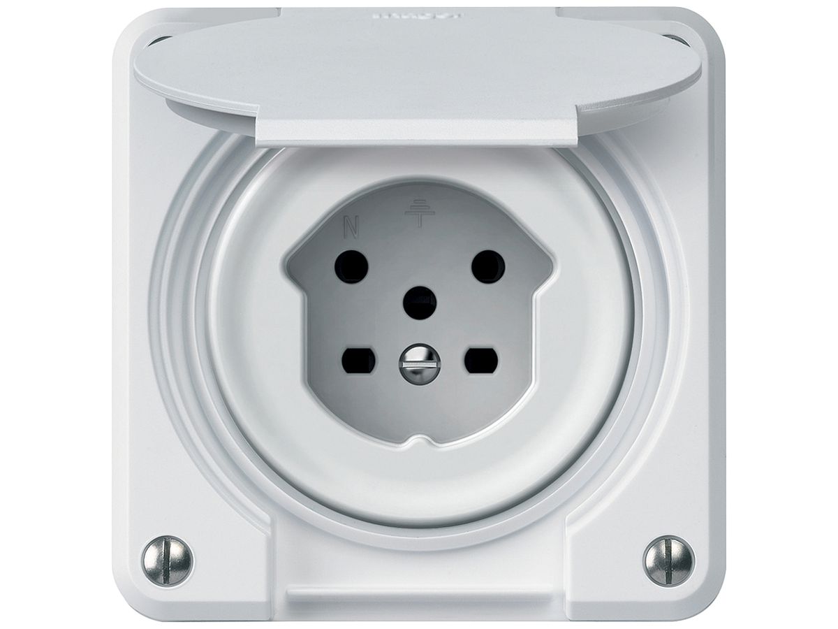 Steckdose robusto 1×T15 10A 400V 86×86mm IP21 weiss