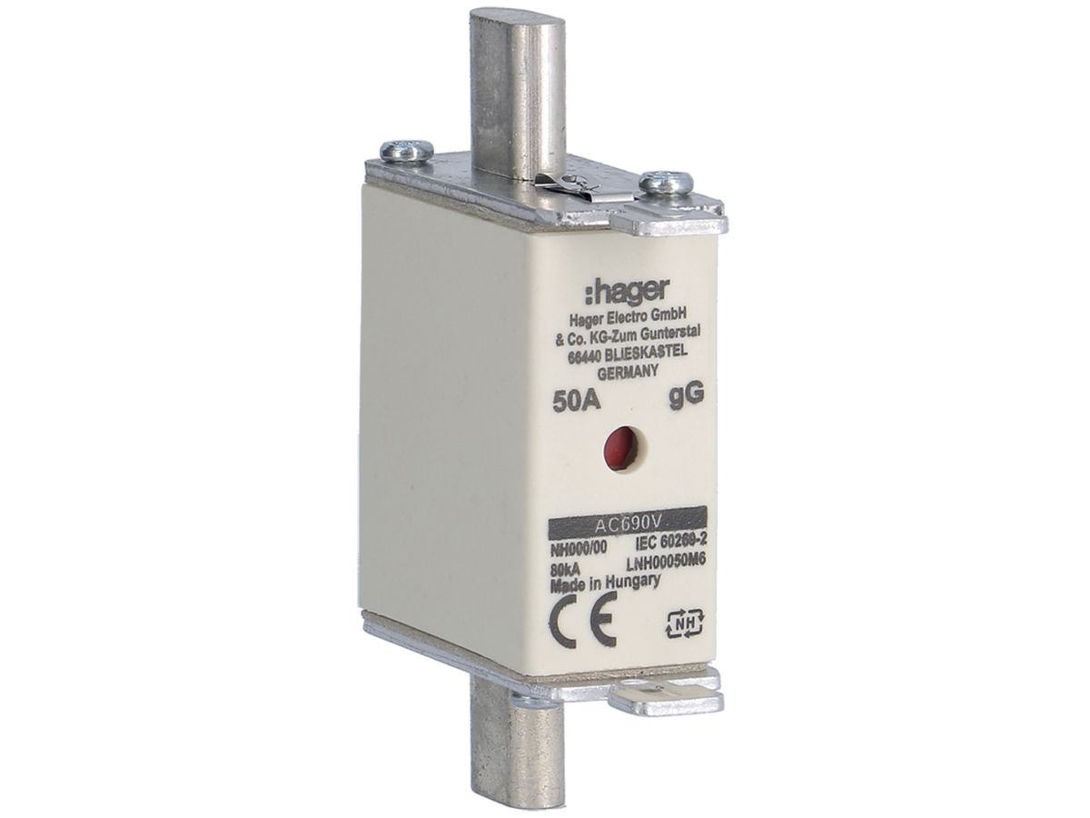 NH-Sicherung Hager DIN000 690VAC 50A gG/gL Doppelkennmelder rostfrei