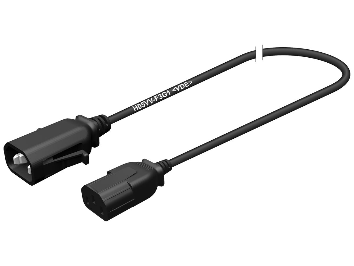 Apparatekabel Stecker C14 Buchse C13 verriegelt 3×1mm² 250VAC/10A schwarz 0.5m