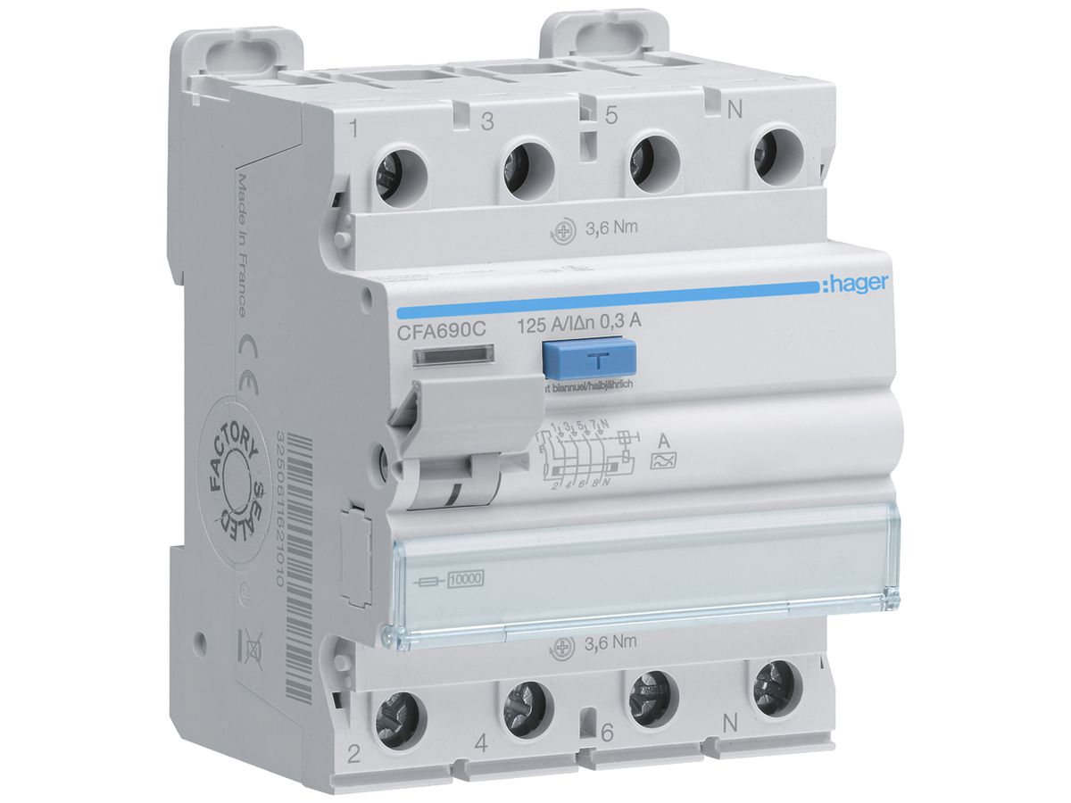 Fehlerstrom-Schutzschalter Hager RCCB (RCD) 4P 400V 0.3A Typ A 125A 10kA 4TE