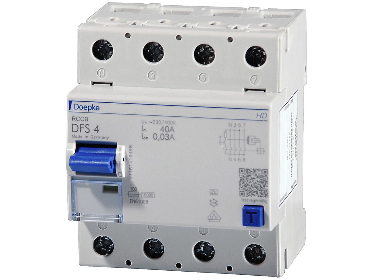 Fehlerstromschutzschalter Doepke 40A 30mA 3L+N Typ A, sensitiv, N links
