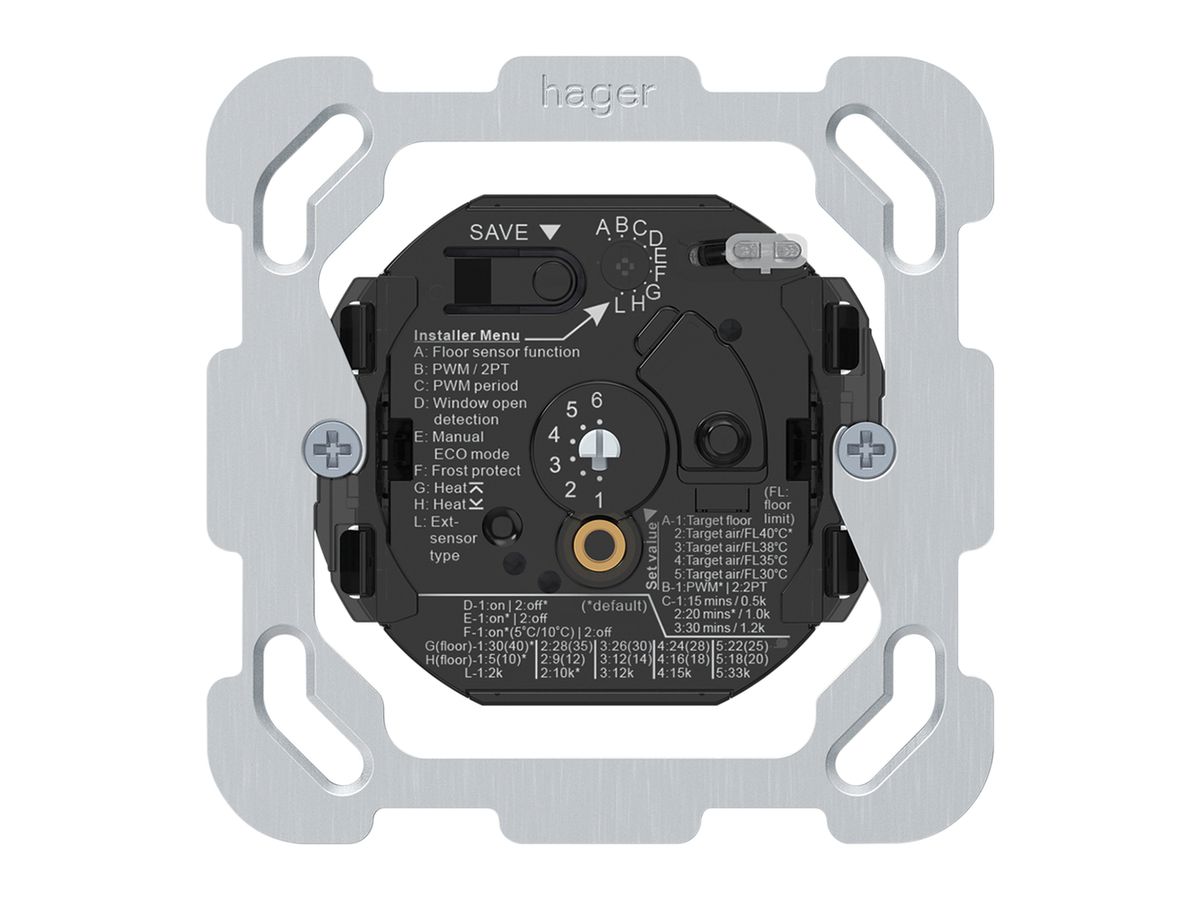 UP-Raumthermostat Hager An/Aus 230VAC 16A 56×56mm