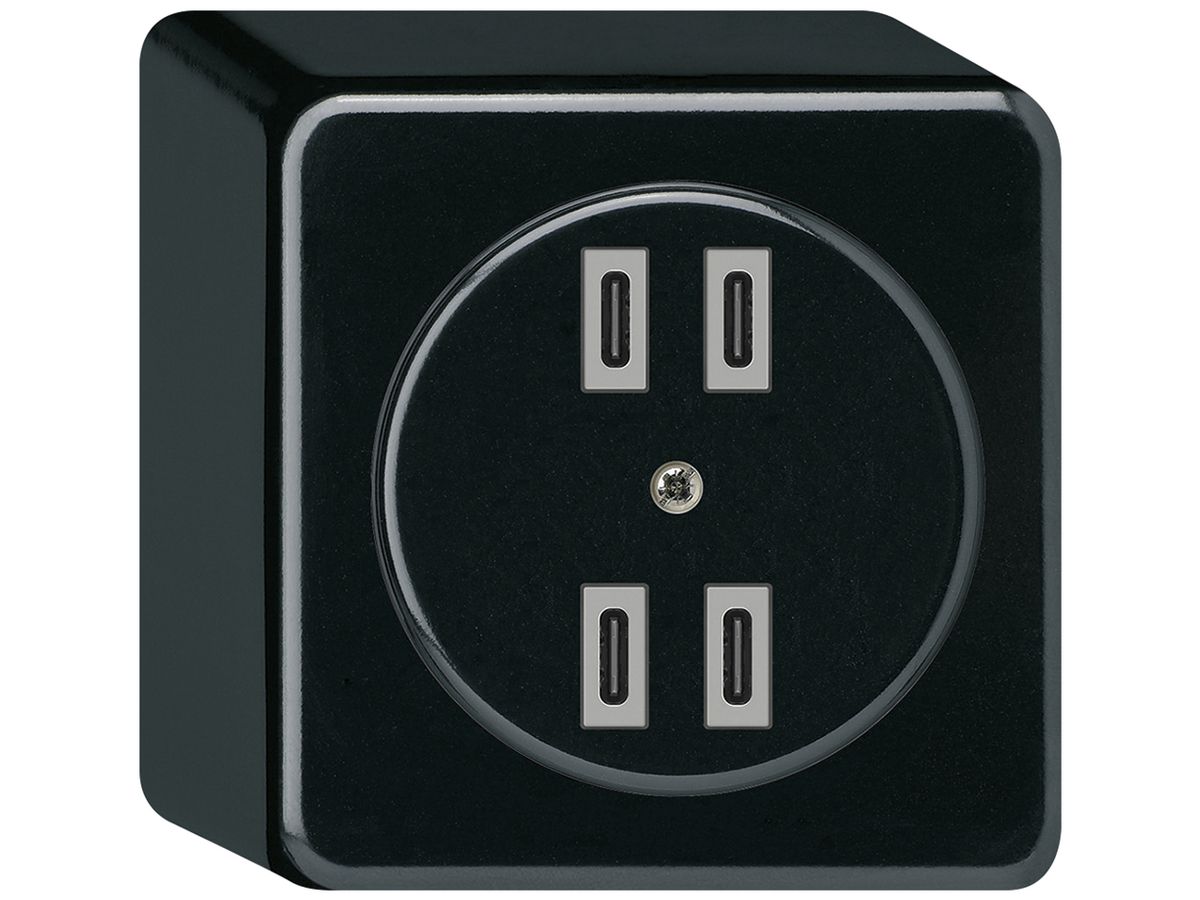 AP-USB-Ladesteckdose Hager basico 2×C-C 2×20W oder 4×10W 5V 86×86mm schwarz