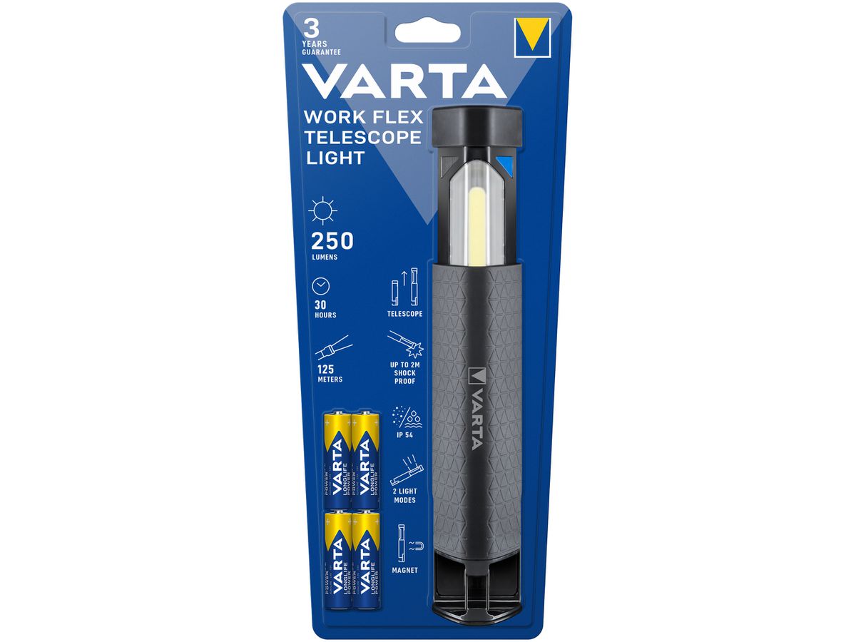 LED-Taschenlampe VARTA Work Flex Telescope Light 250lm, mit 4×AA, IP54