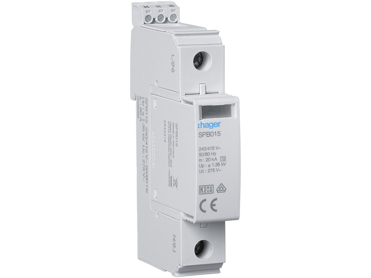 Überspannungsableiter Hager SPD 1P 20kA mit FM TN-C Imax 40kA Up 1.5kV 1TE
