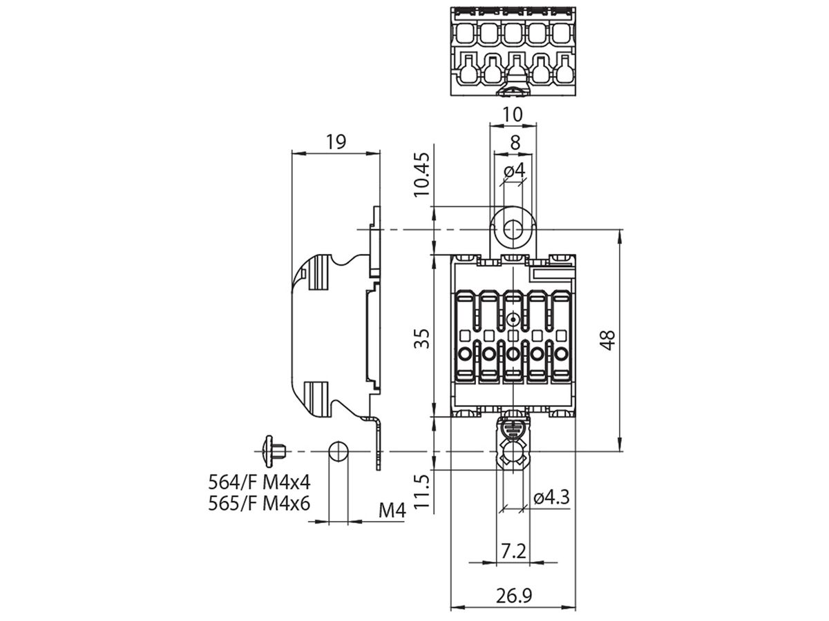 Verbindungsklemme 5P 0.5…2.5mm² Erdungsbügel Beschriftung ws