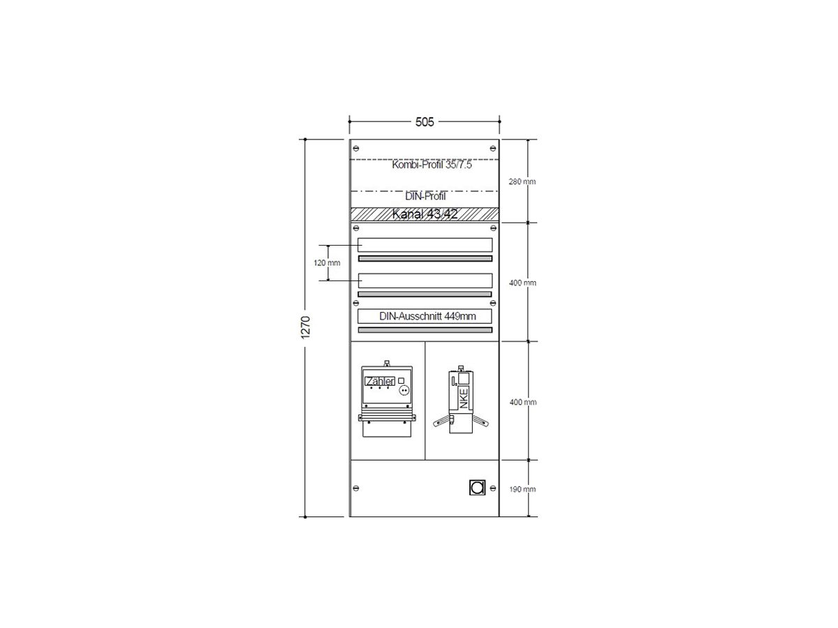 AP-Zählerverteiler HAG, 1 Zähler, 1 NKE, 3-Reihen, 75 Module, oben geschlossen