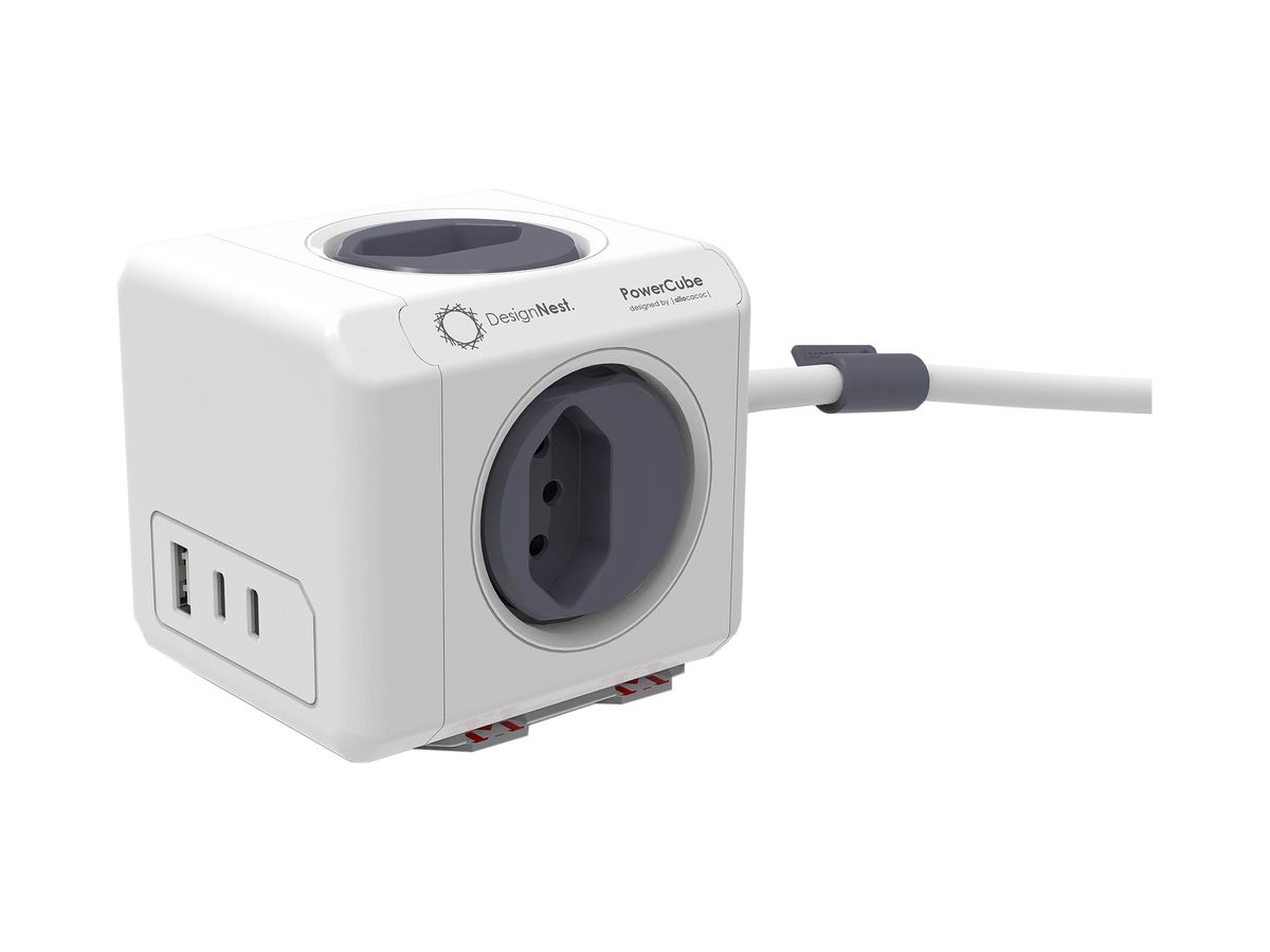 Mehrfach-Stecker allocacoc PowerCube 35W PD AC 10A 3×T13 3×USB 1.5m weiss/grau