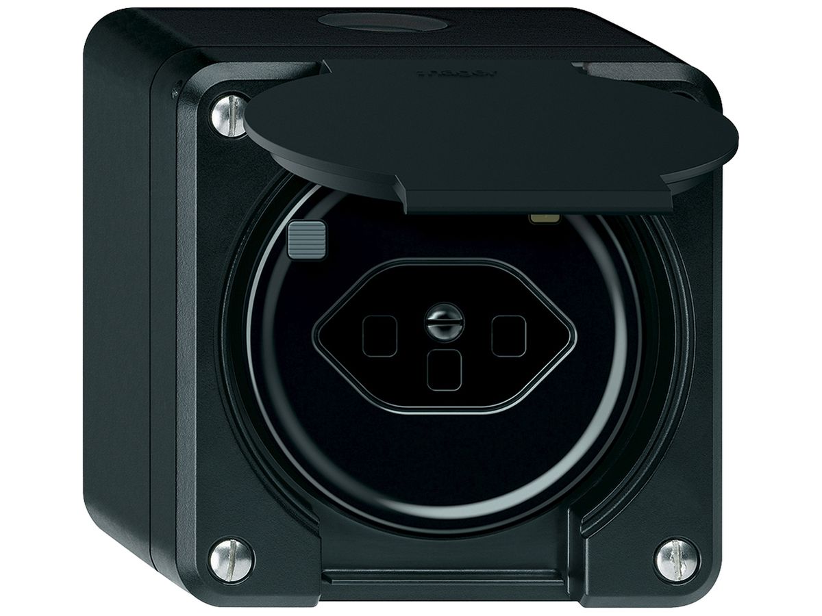 AP-Steckdose FI robusto 1×T13 30mA 10A 250V 86×86mm IP21 schwarz