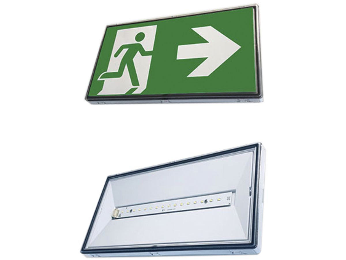 LED-Notleuchte A30A, 4W, Einzelbatterie 1h, IP66, Wand-Deckenmont. 4 Piktogramme