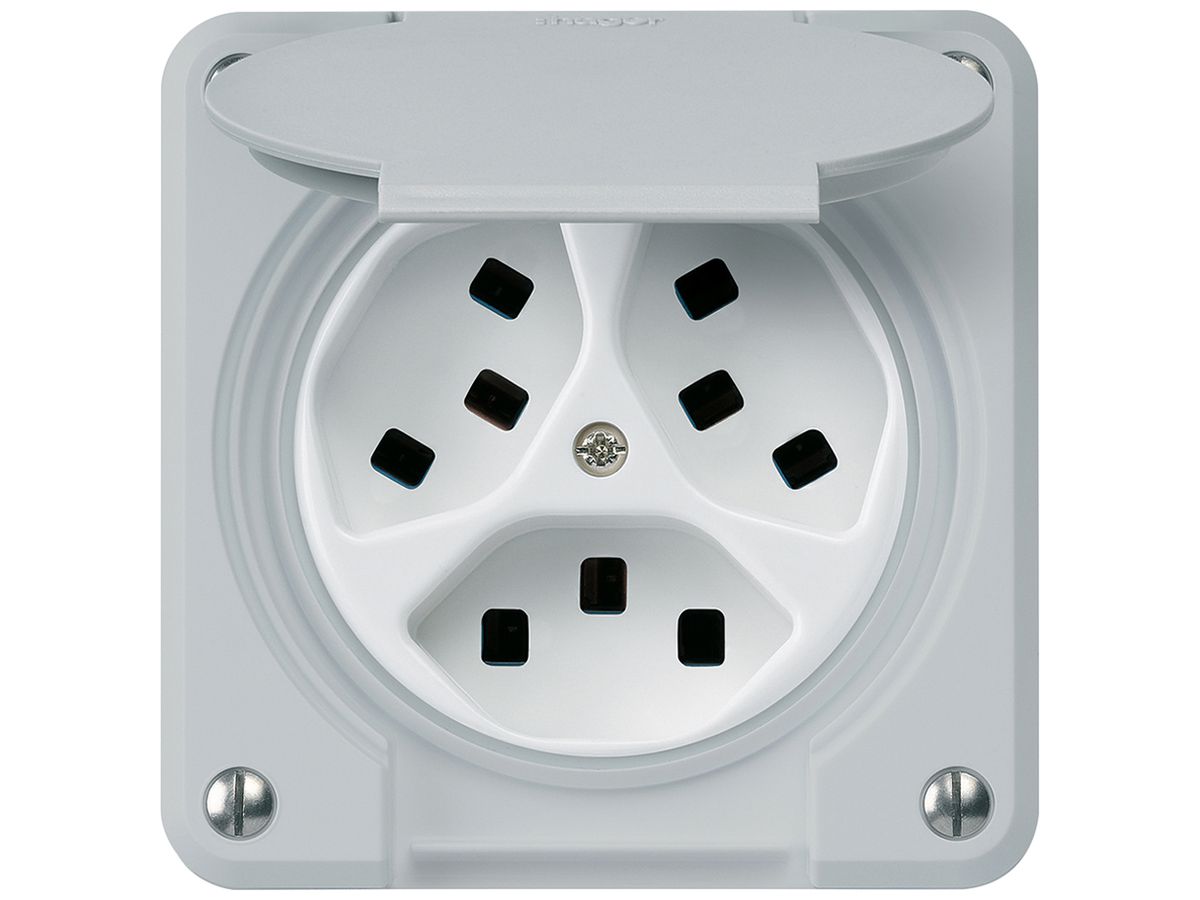 Steckdose Hager robusto, 3×T23, mit Klappdeckel A, grau
