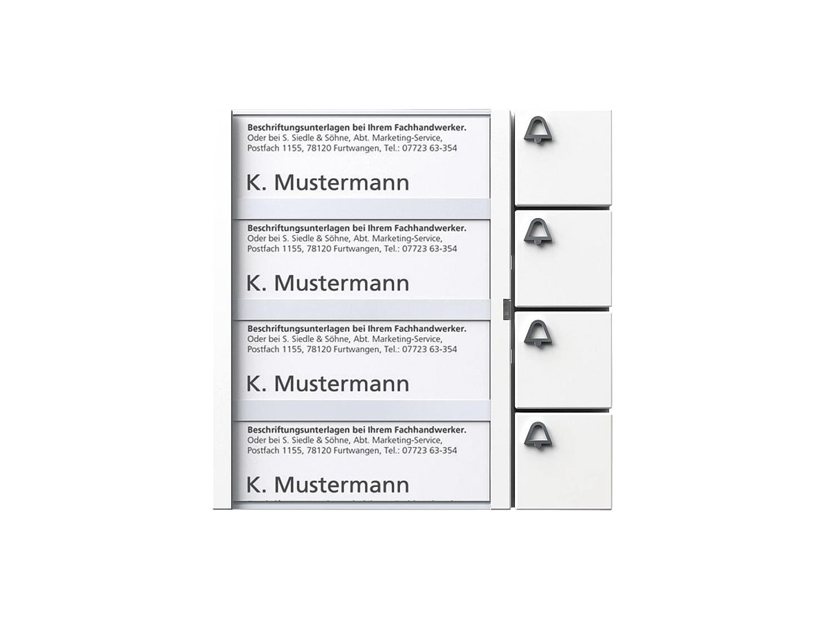 Tasten-Modul Bus Siedle, 4 Namensschildern und 4 Ruftasten 99×99×27mm, weiss