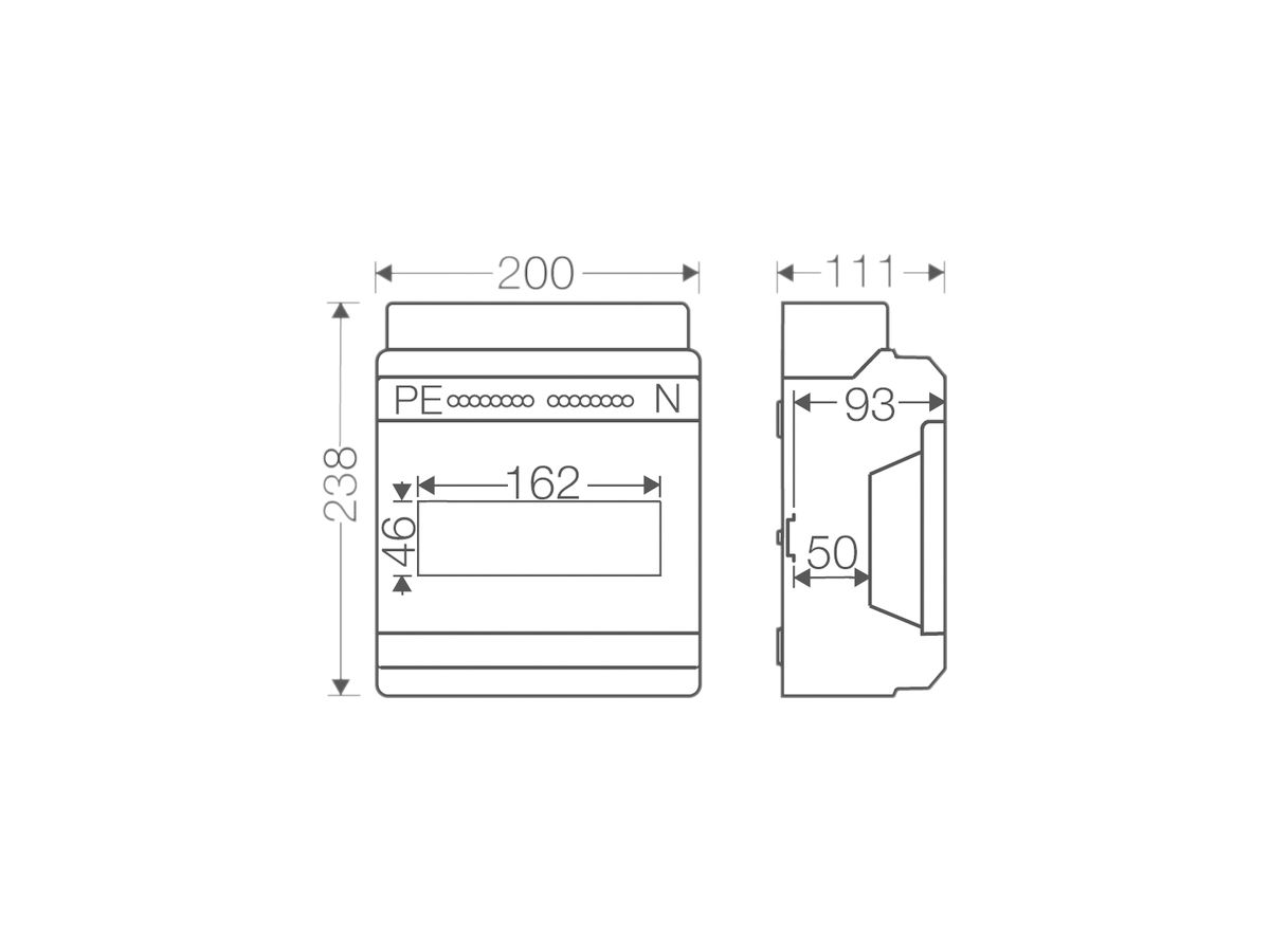 AP-Kleinverteiler Hensel 1-reihig, 238×200×111mm, 9 TE (9×18 mm), IP65