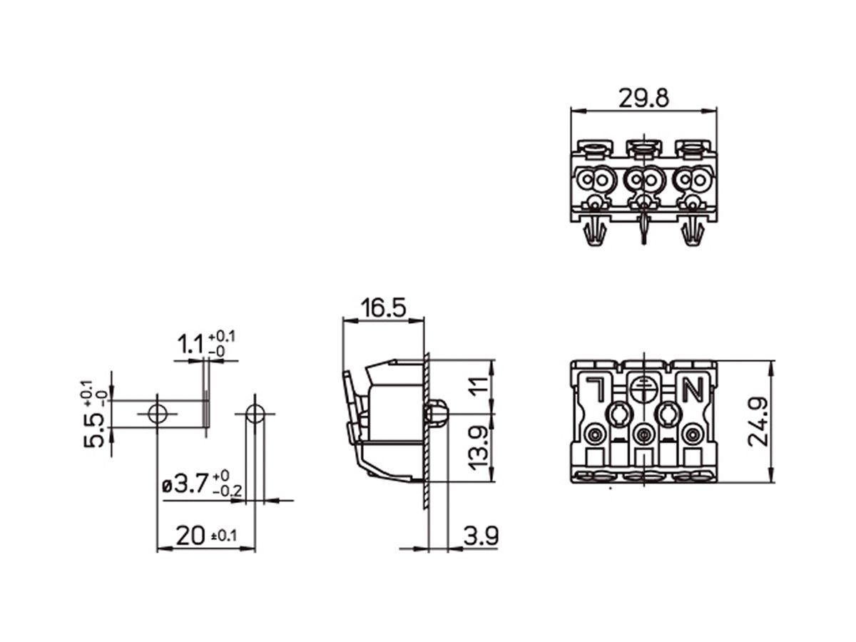 Verbindungsklemme 3P 0.5…2.5mm² Betätigungshebeln steckbare Erdung ws