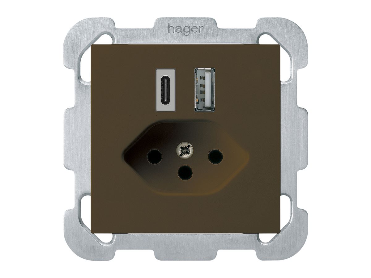 UP-USB-Ladesteckdose kallysto 18W PD 1×Typ A 1×Typ C T13 m.Befestigungspl. braun