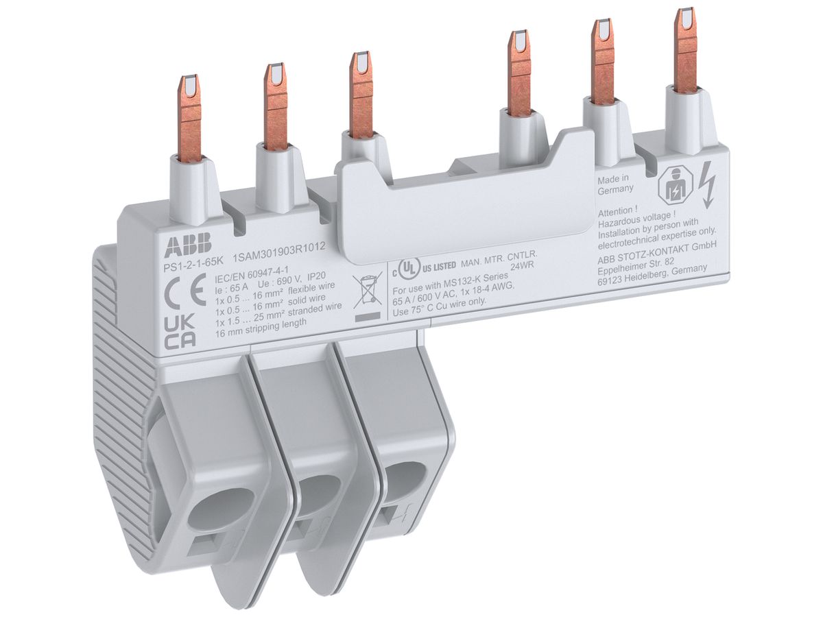 Phasenschiene ABB PS1-2-1-65K, für 2×MS132-K+0.5TE 3L 65A 95.7mm Push-In