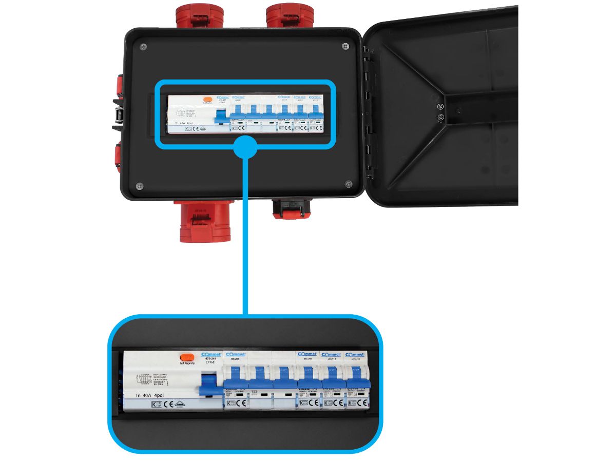 Stromverteiler Mobil COM 32A IP44 - 1xFI,2xCEE 5L 16A,1xCEE 5L 32A, 5xT23