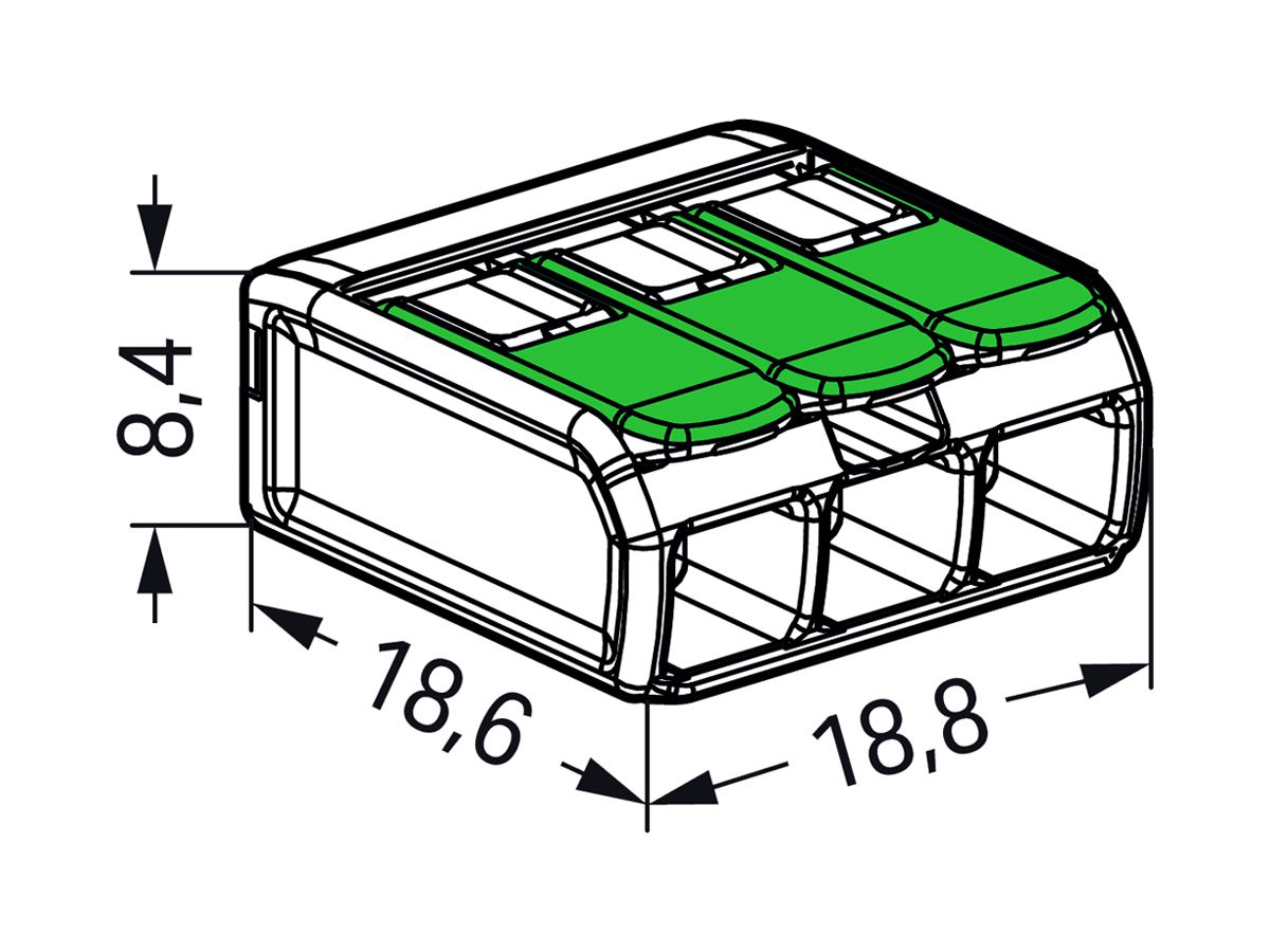 Dosenklemme WAGO 221-423 mit Hebel in Box 50×3L 0.2…4mm² 32A 450V grün