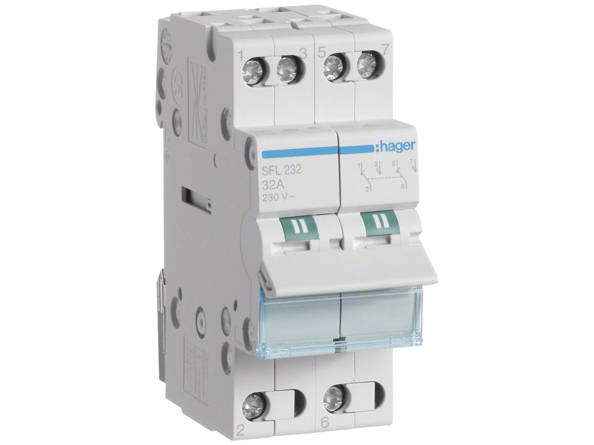 REG-Wechselschalter Hager SFL 32A 230V 0 Schliesser 0 Öffner 2 Wechsler 2TE