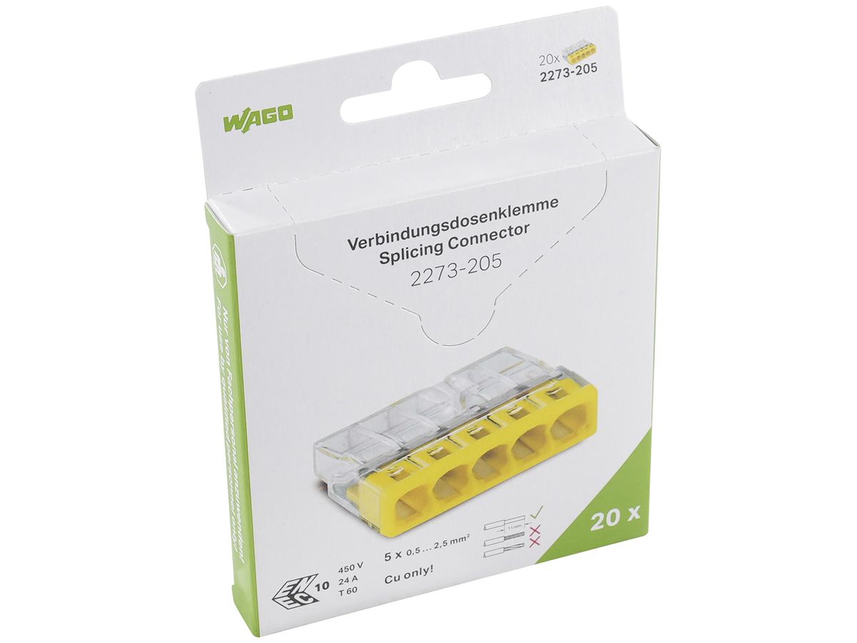 Verbindungsklemme WAGO 2273-205 in Blister 20 Stück 5L 0.5…2.5mm² 24A 450V