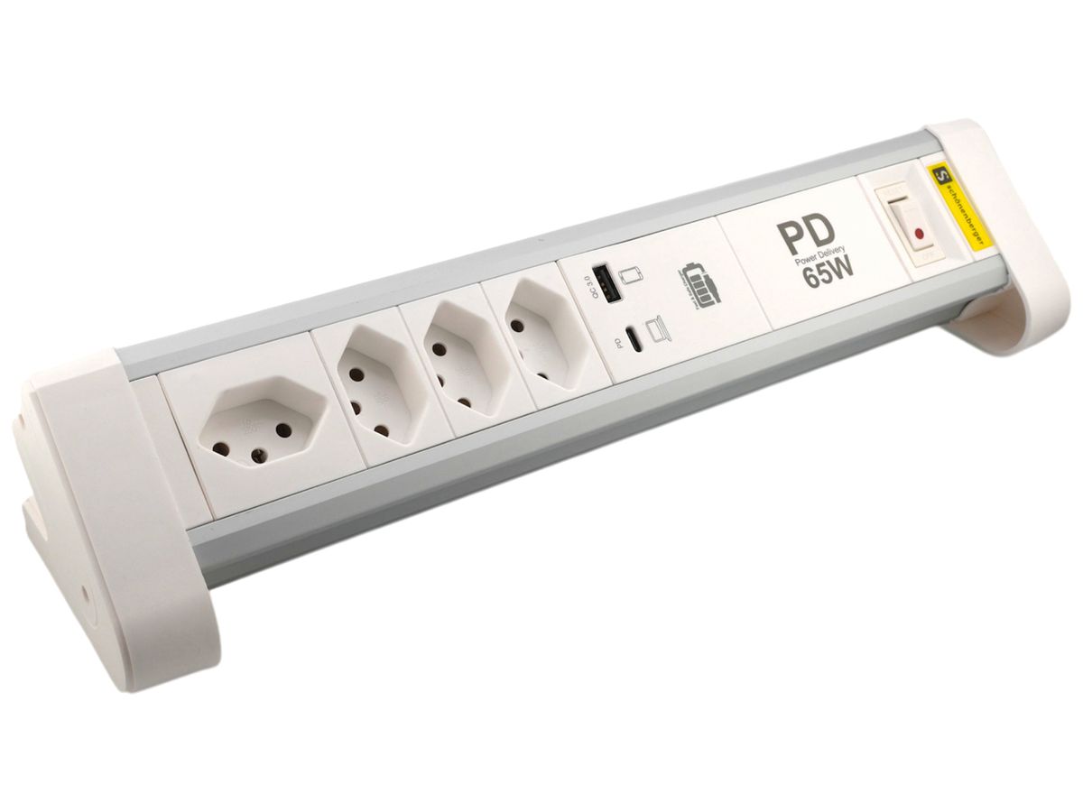 Tischsteckdosenleiste M. Schönenberger 4×T13 2×USB 295×90×70mm ws/alu