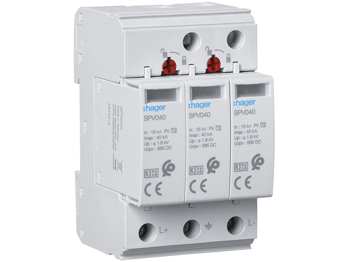 Überspannungsableiter Hager SPD 3P 15kA DC TN-C-S Imax 40kA Up 1.9kV PV