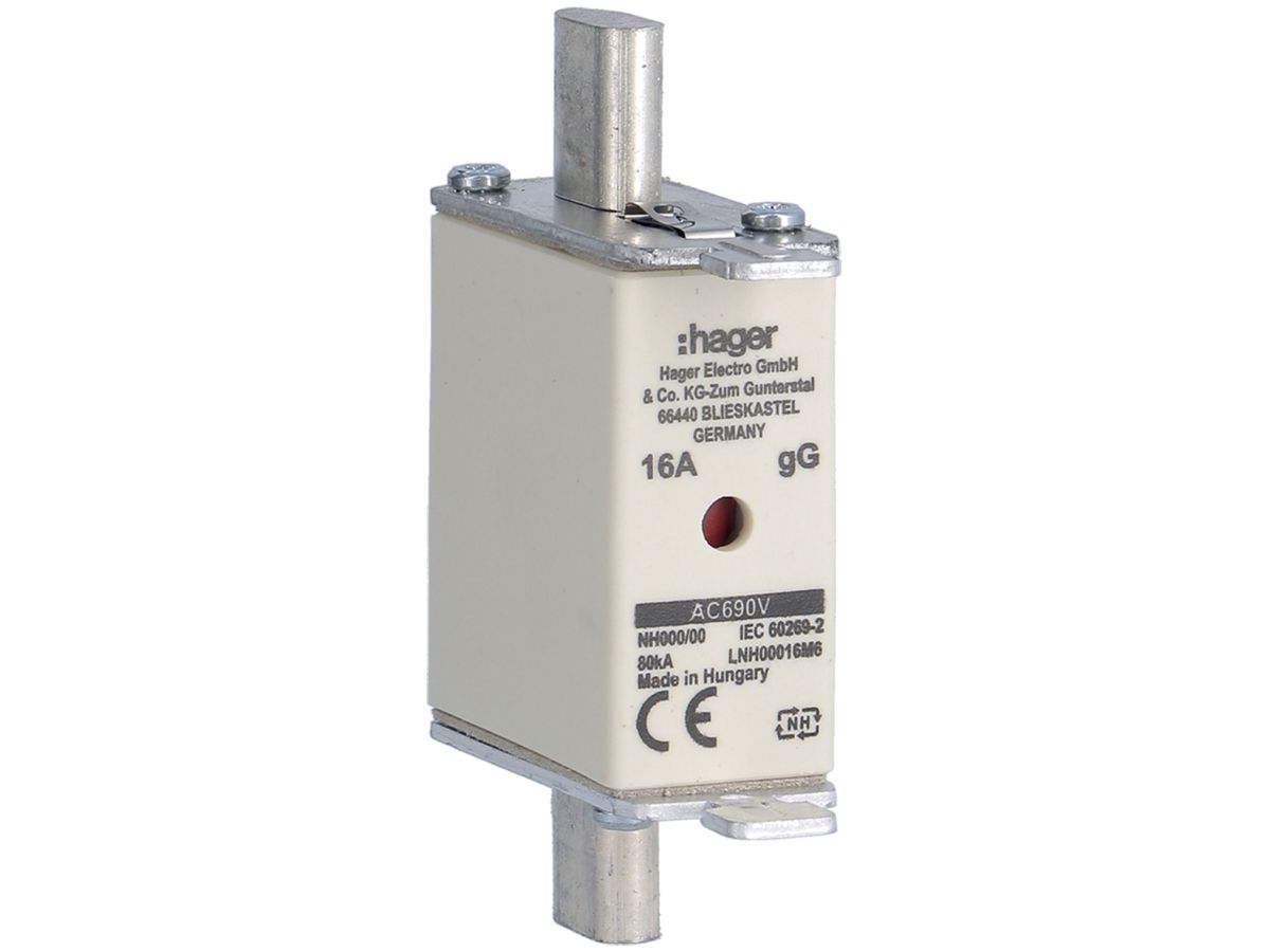 NH-Sicherung Hager DIN000 690VAC 16A gG/gL Doppelkennmelder rostfrei