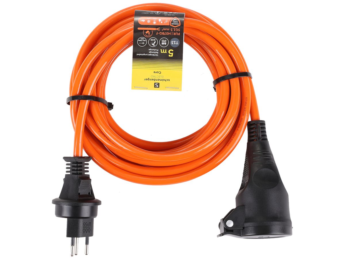 Verlängerungskabel PUR 10A 230V Stecker Typ 13 Kupplung Typ 13 Ø15mm 5m orange