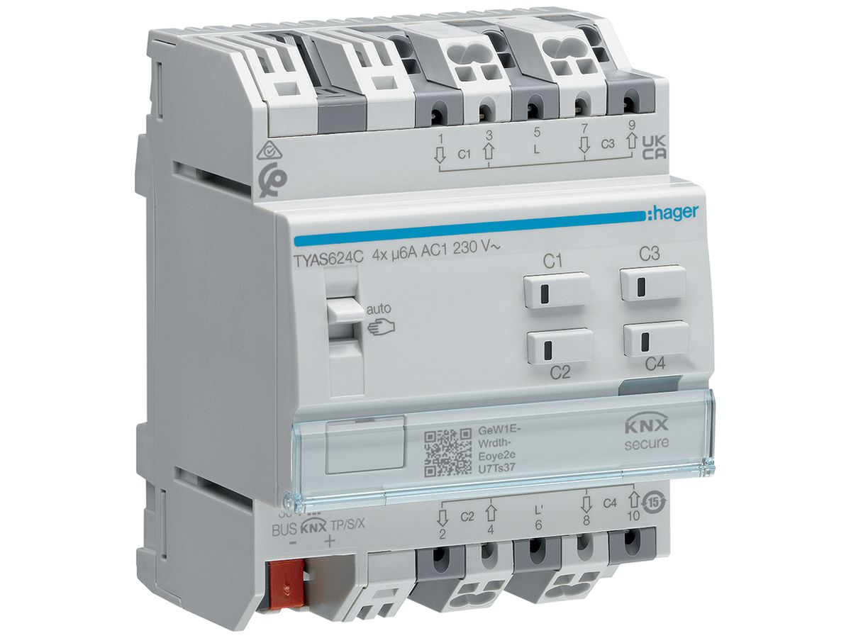 REG-Jalousieaktor KNX Hager 4 Ausgänge 6A 1380W 230VAC IP20 4TE