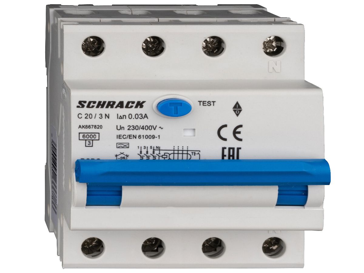 FI/LS-Schalter RCBO 4P 400V AMPARO - 3L+N C 20A 0.03A A 6kA Typ A 4TE Schrack