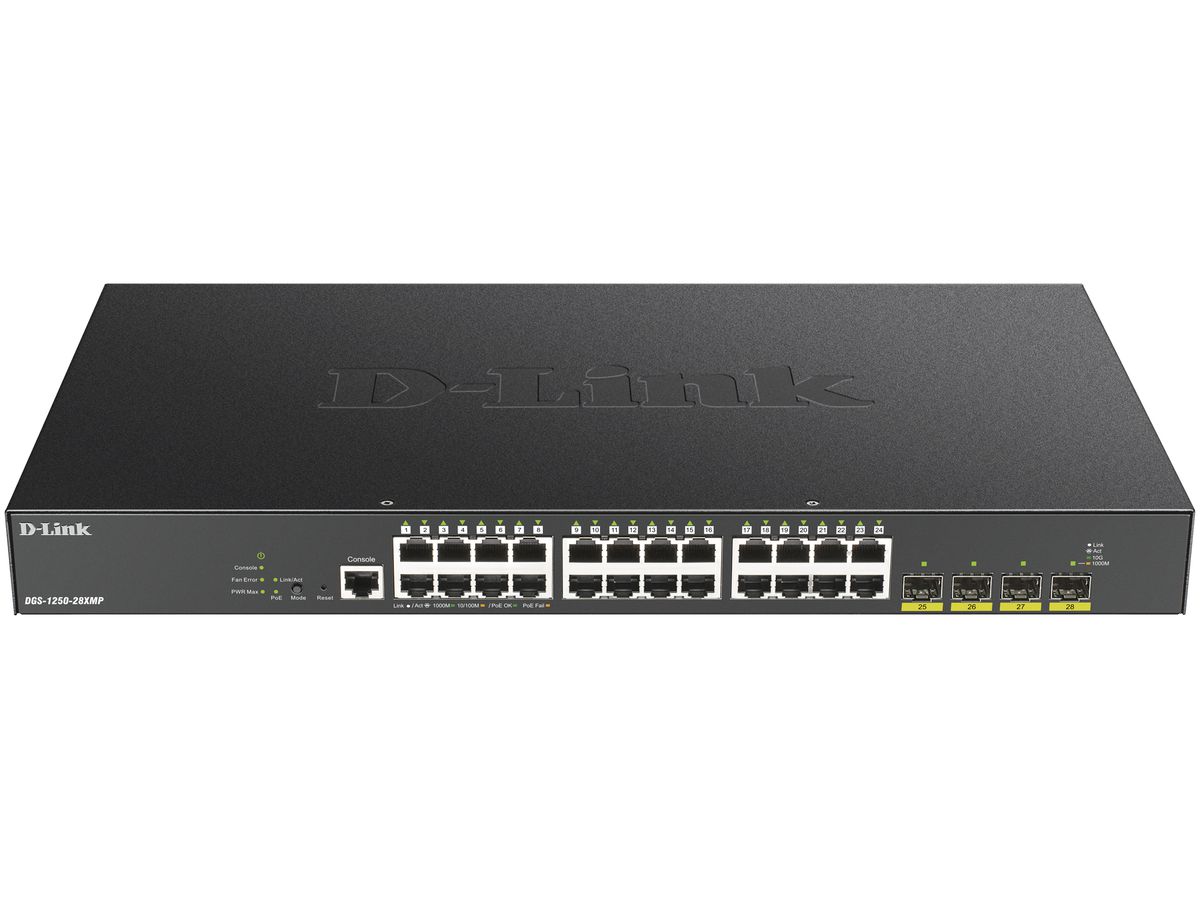Switch D-LINK DGS-1250-28XMP/E, 28-Port smart managed Layer2/3 Gigabit PoE+