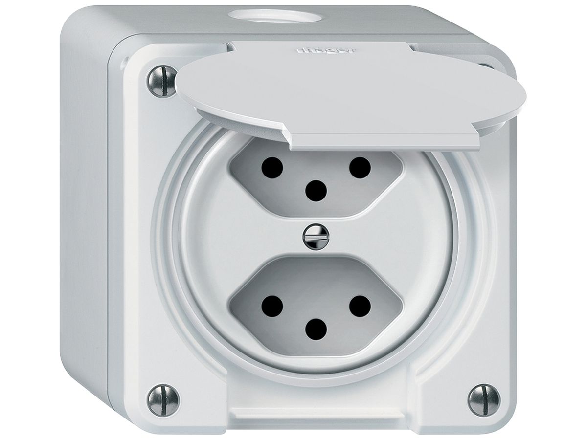AP-Steckdose FI robusto 1×T23 30mA 16A 250V 86×86mm IP21 weiss