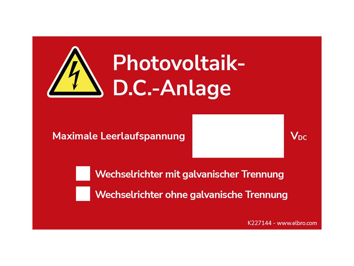 Warnaufkleber ELBRO Photovoltaik DC Anlage elektrische Gefährdung 90×60mm rot