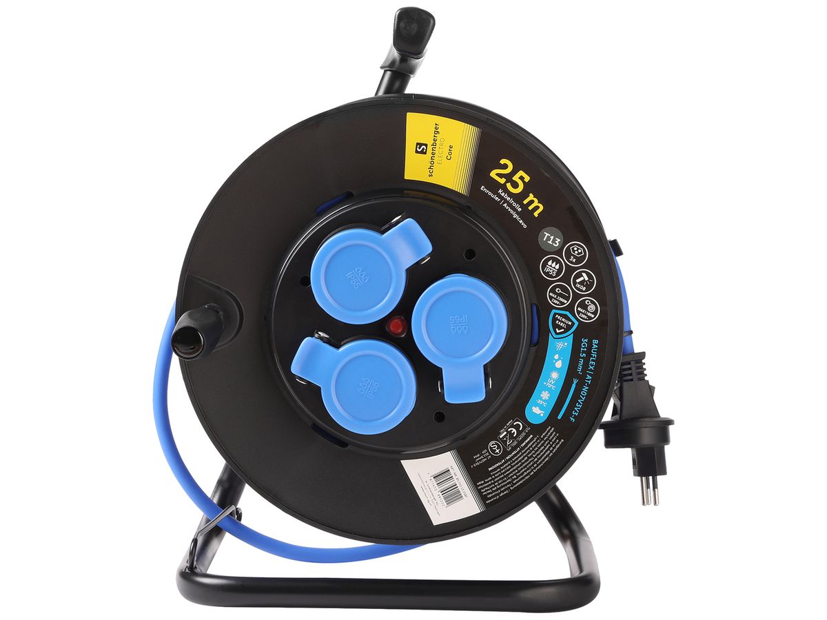 Kabelrolle Schönenberger Stecker:T13 Steckdose:3×T13 25m IP55 schwarz