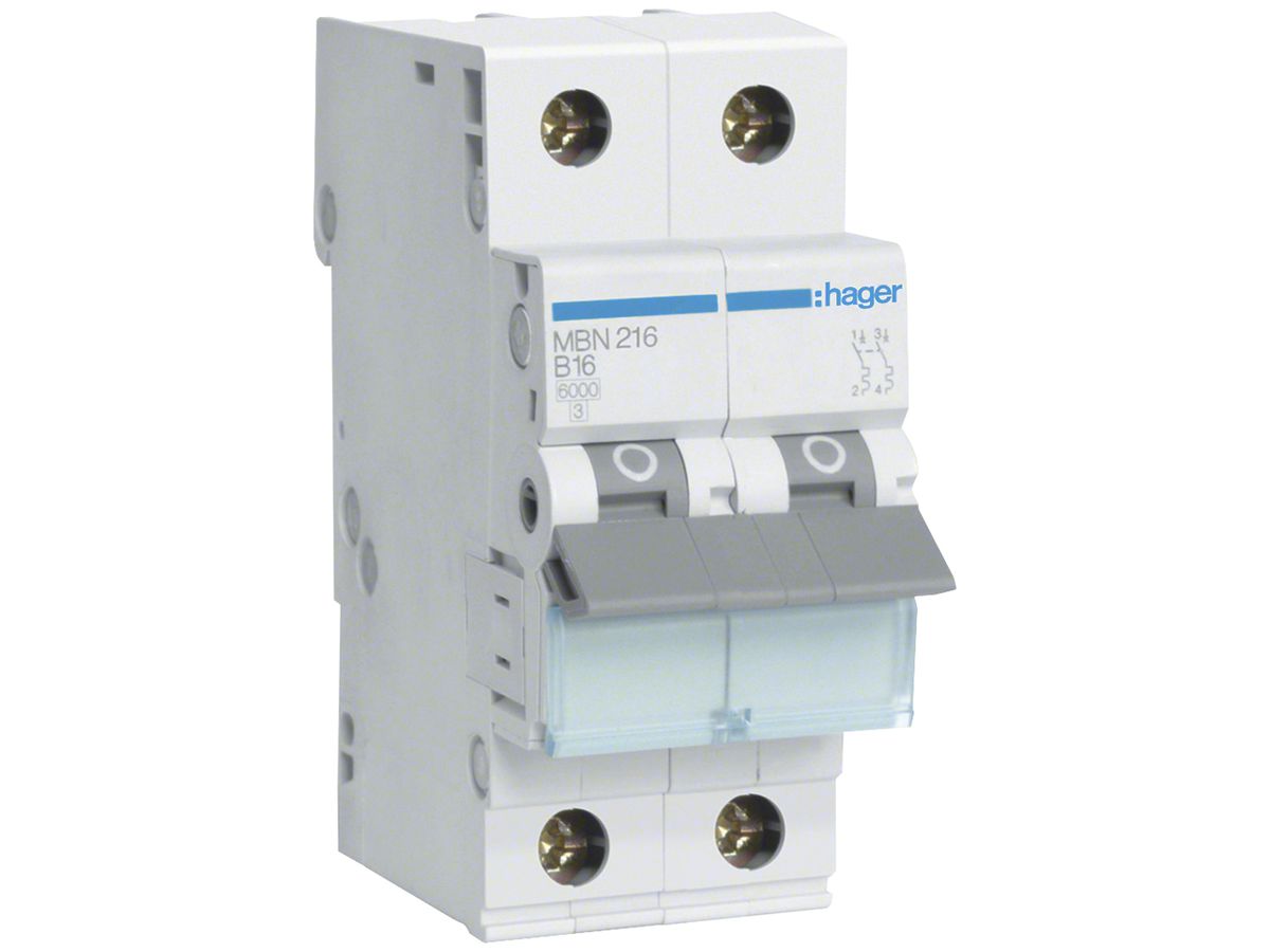 Leitungsschutzschalter Hager MCB 2P 415V Typ B 16A Icn 6kA 2TE