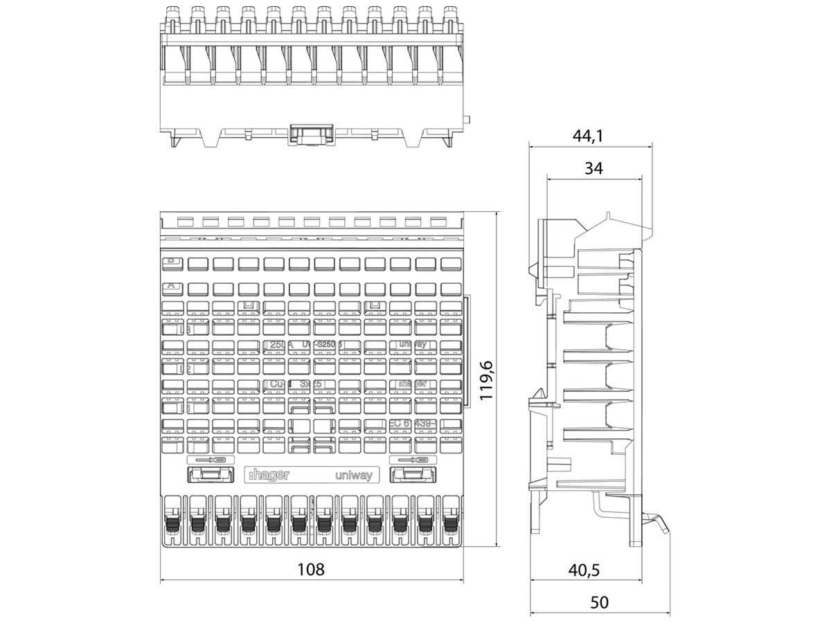 Stecksockel Hager uniway 250A 108mm 12 Steckplätze für Sammelschienen 25×3mm