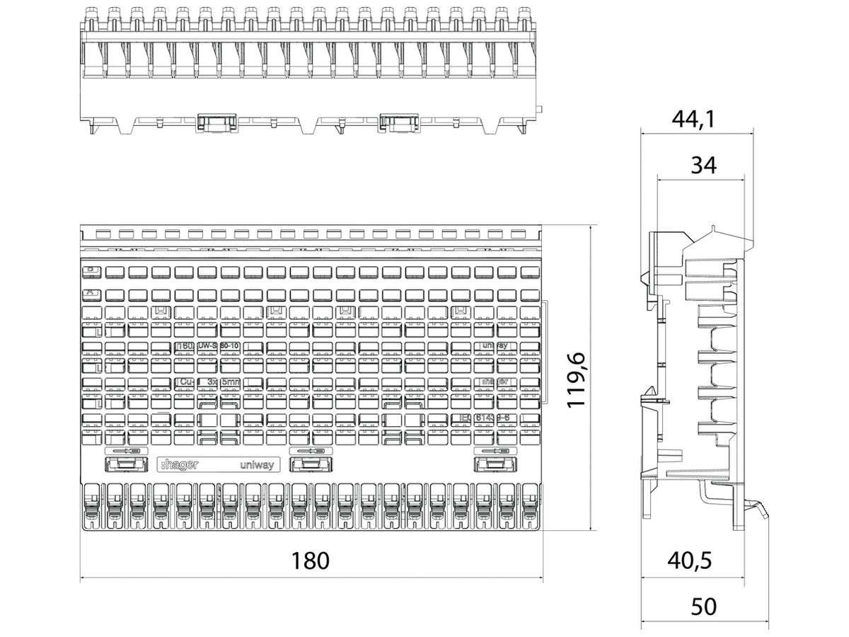 Stecksockel Hager uniway 160A 180mm 20 Steckplätze für Sammelschienen 15×3mm