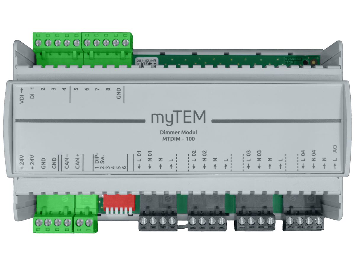 REG-Dimmaktor myTEM MTDIM-100 24VDC 4-Kanal 250W/230V 8×DI CAN