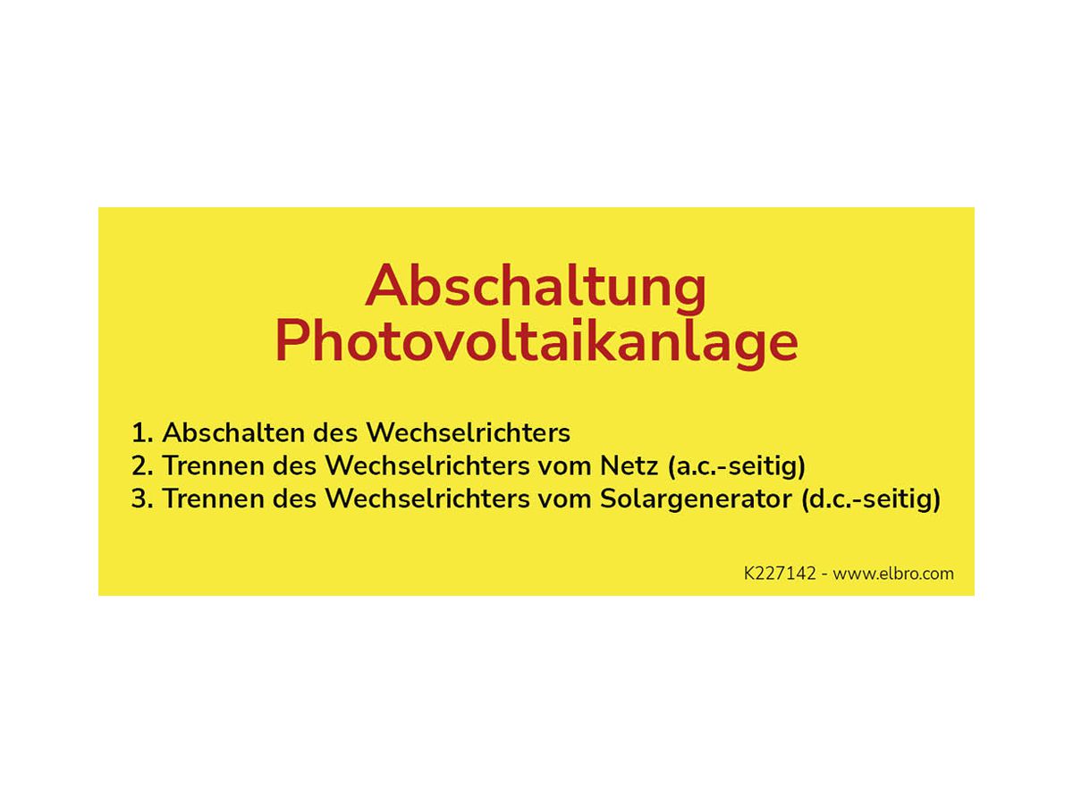 Warnaufkleber ELBRO Abschaltung Photovoltaikanlage 90×40mm gelb