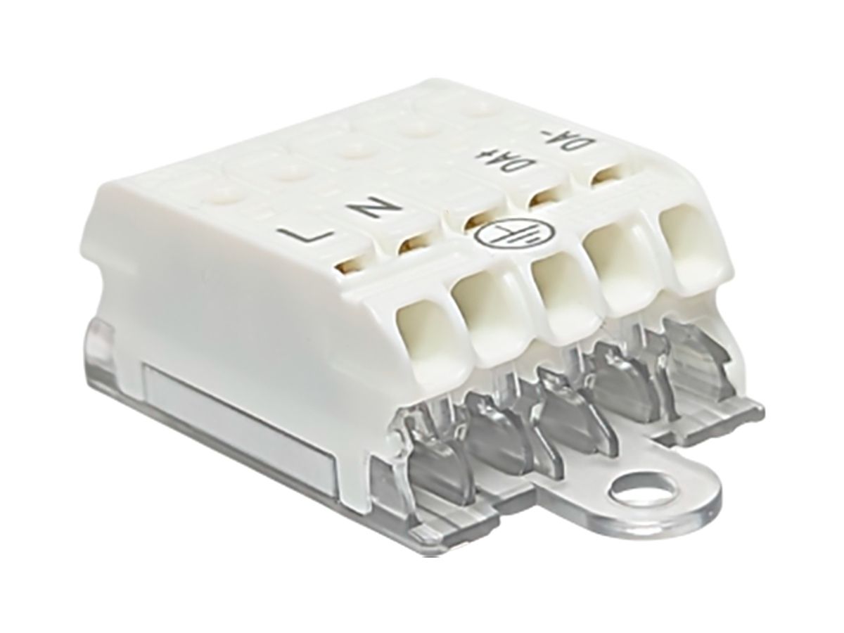Verbindungsklemme 5P 0.5…2.5mm² Bef-Büg.Erdung "L/N/ERDE/DA+/DA-" 24A 450V ws/tr