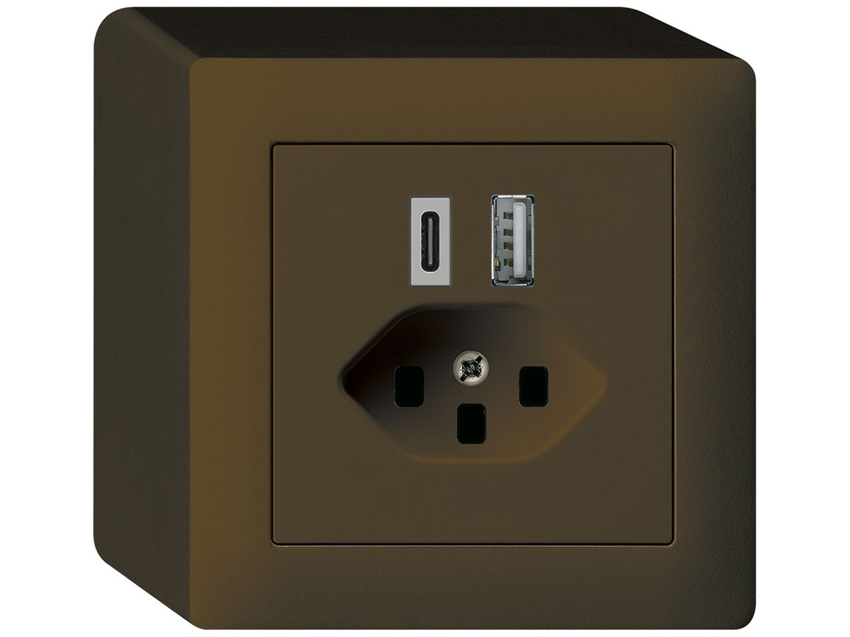 AP-USB-Ladesteckdose kallysto 18W PD 1×Typ A 1×Typ C T23 AP-Gehäuse braun