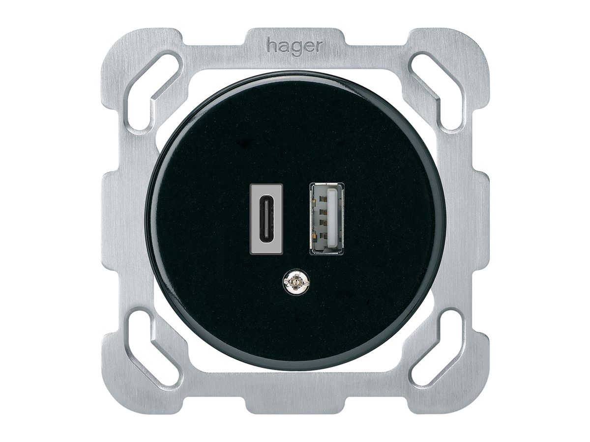 UP-USB-Ladesteckdose basico 18W PD 1×Typ A 1×Typ C m.Befestigungsplatte schwarz