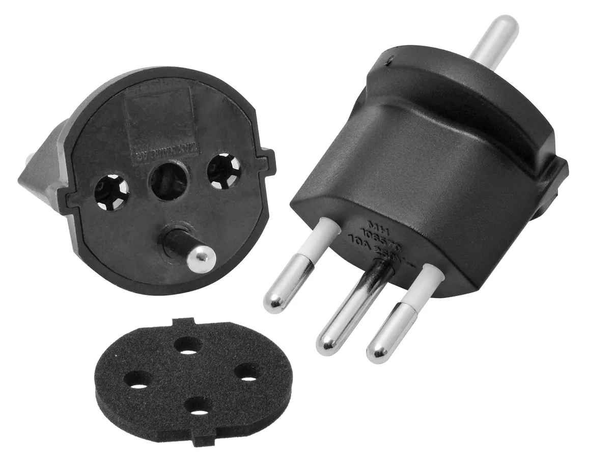 Fixadapter MH 3L 10A 230VAC Schuko/T12 CEE7/7-CH T12, schwarz mit Moosgummi